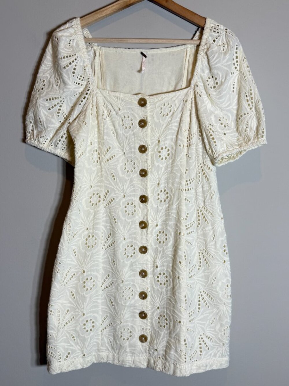 Free People Daniella Eyelet Mini Dress Women's 2 Ivory Puff Sleeve Boho Cotton - Picture 6 of 15